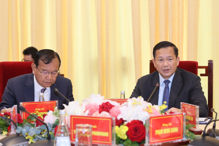 Thủ tướng Campuchia Hun Manet phát biểu tại cuộc gặp. (Ảnh: VGP/Nhật Bắc)