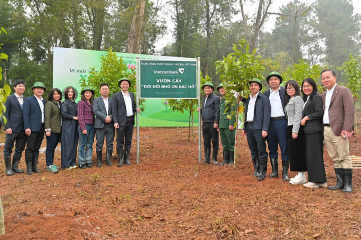 Ban lãnh đạo Vietcombank và đại diện Bộ Tư lệnh Bảo vệ Lăng Chủ tịch Hồ Chí Minh chụp ảnh lưu niệm sau khi hoàn tất trồng 95 cây xanh tại Vườn cây “Đời đời nhớ ơn Bác Hồ” trong khu di tích.