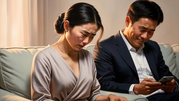 Xấu hổ vì chồng luôn khoe ảnh 'sống ảo' hạnh phúc giả lên mạng xã hội. (Ảnh minh họa AI)