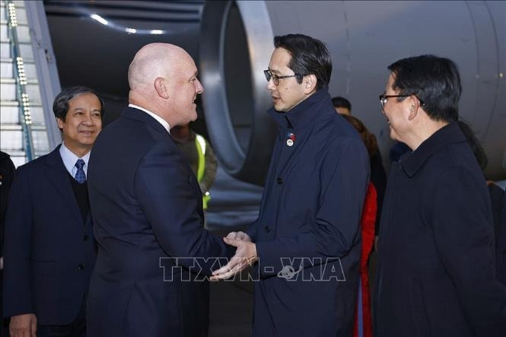 Bộ trưởng Bộ Giáo dục và Đào tạo Nguyễn Kim Sơn, Thứ trưởng Bộ Ngoại giao Đỗ Hùng Việt và các cán bộ của Bộ Ngoại giao đón Thủ tướng New Zealand Christopher Luxon tại sân bay quốc tế Nội Bài. (Ảnh: Doãn Tấn/TTXVN)