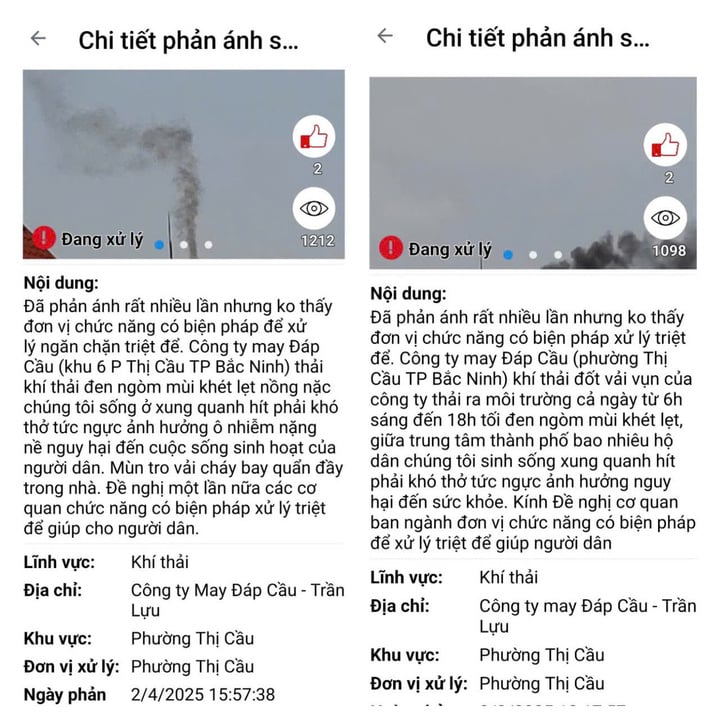 Trên Cổng thông tin kiến nghị UBND tỉnh Bắc Ninh, người dân liên tục phản ánh việc Công ty may Đáp Cầu xả khói đen, mùi khét.