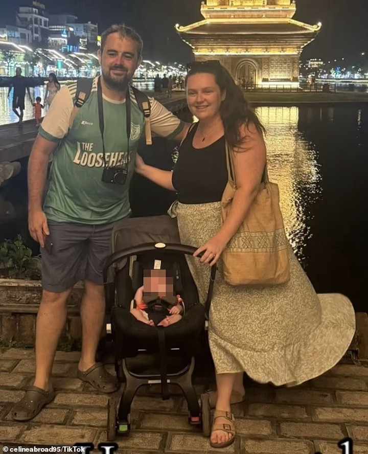 Celine và Matthew đi du lịch cùng con gái nhỏ. (Ảnh: Celineabroad95/Tiktok)