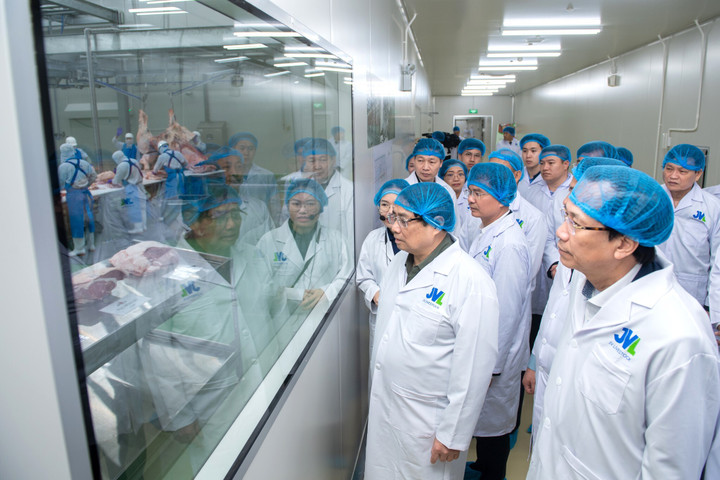 Thủ tướng và đoàn công tác tham quan dây chuyền sản xuất tại nhà máy.