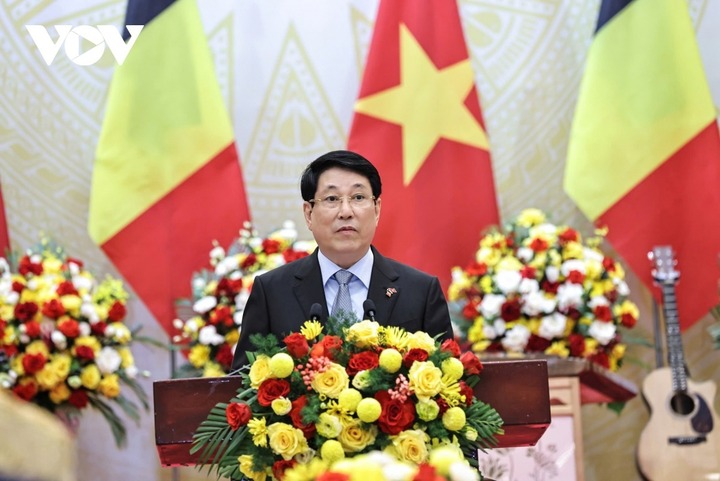 Chủ tịch nước Lương Cường phát biểu tại chiêu đãi Nhà Vua Bỉ.