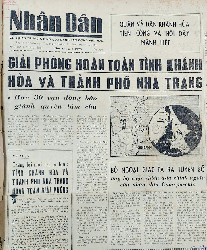 Tin đăng trên báo Nhân dân về giải phóng hoàn toàn Khánh Hoà và thành phố Nha Trang.