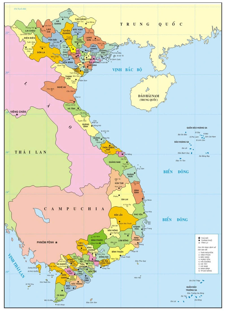 Bản đồ hành chính Việt Nam với 63 đơn vị hành chính cấp tỉnh.