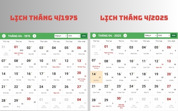 Lịch tháng 4/1975 trùng với lịch tháng 4/2025.