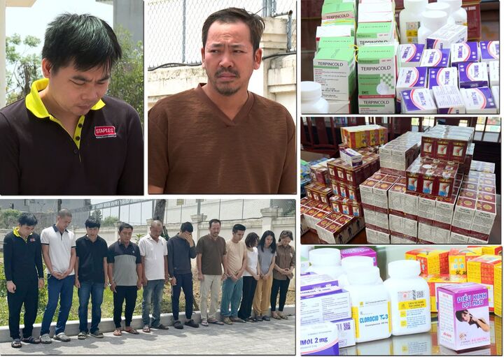 Nhóm bị can trong đường dây sản xuất, buôn bán thuốc tân dược giả bị bắt giữ cùng tang vật. (Ảnh: Công an tỉnh Thanh Hóa)