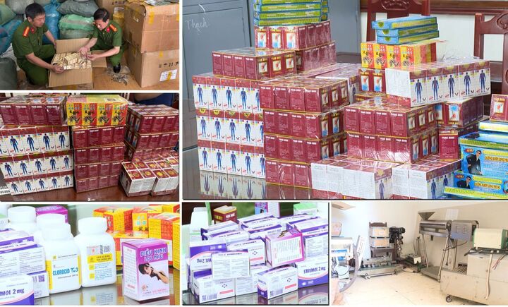 Một số loại thuốc tân dược giả và dụng cụ dùng để sản xuất thuốc giả bị thu giữ. (Ảnh: Công an tỉnh Thanh Hóa)