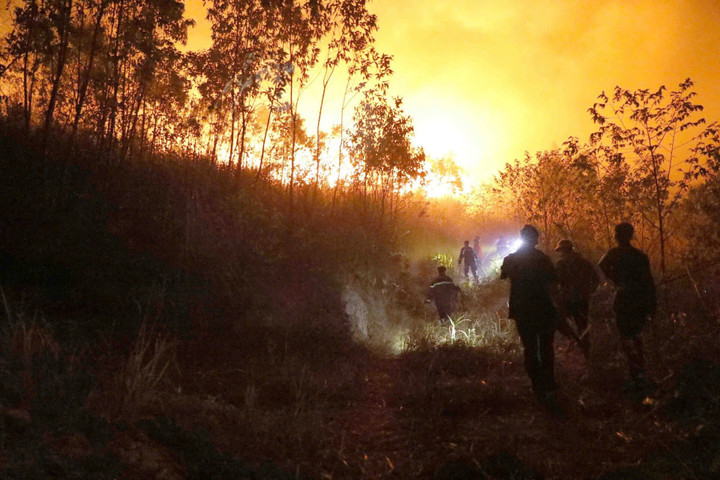 Vụ cháy rừng tại thôn Lục Liễu, xã Đạo Trù xảy ra từ chiều 15/4. Đến 22h, ngọn lửa bùng phát mạnh và lan rộng sang địa phận rừng phòng hộ thôn Đồng Cà, xã Bồ Lý. (Ảnh: X.B)