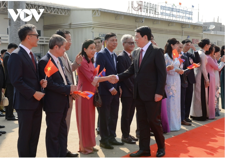 Cán bộ, nhân viên Đại sứ quán Việt Nam đón Chủ tịch nước tại sân bay.