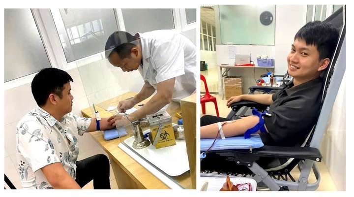 Thượng uý Lê Trọng Quyền (trái) và Trung uý Nguyễn Trung Đức hiến máu tại Khoa Huyết học Bệnh viện Đa khoa tỉnh Thanh Hóa. (Ảnh: CATH)