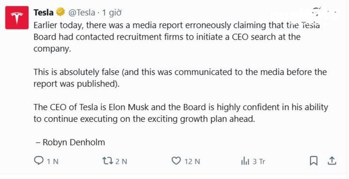 Tesla đăng tải thông điệp của bà Denholm trên mạng xã hội X phủ nhận thông tin tìm người thay thế Elon Musk, khẳng định hội đồng quản trị hoàn toàn tin tưởng vào năng lực của ông. (Ảnh chụp màn hình)
