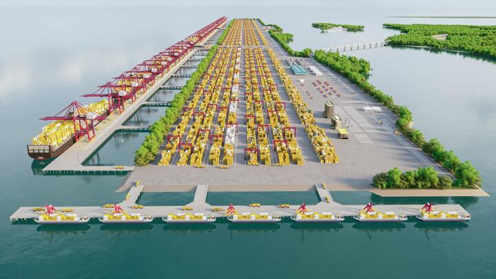Phối cảnh cảng trung chuyển quốc tế Cần Giờ, dự án sẽ trở thành động lực tăng trưởng kinh tế biển trọng điểm của TP.HCM. (Nguồn: Portcoast)