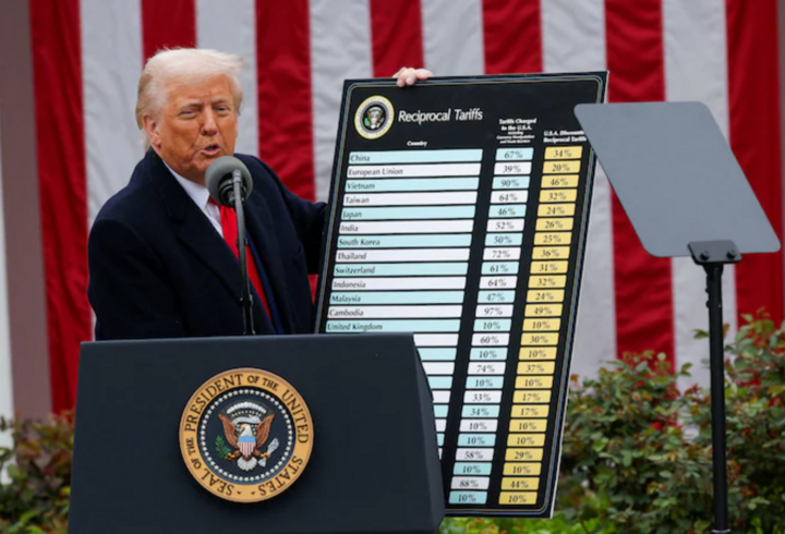 Ông Trump công bố mức thuế đối ứng mới hồi đầu tháng 4. (Ảnh: Reuters)