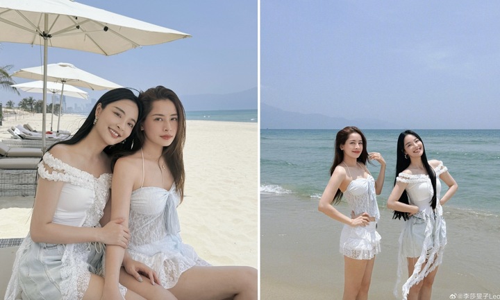 Trên trang cá nhân, nữ diễn viên Lý Sa Mân Tử chia sẻ hình ảnh chụp cùng Chi Pu khi cả hai du lịch biển Việt Nam. Nữ diễn viên viết: “Chị Chi Pu đã đưa tôi đi du lịch ở Việt Nam. Trong Đạp gió 2023, chúng tôi ‘muốn đi biển’ và bây giờ chúng tôi thực sự cùng nhau đi biển”. Ảnh: Weibo, Facebook nhân vật.