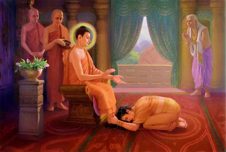 Cảnh bà Da Du Đà La đảnh lễ Đức Phật khi ngài đã thành đạo, trở về thăm gia đình.