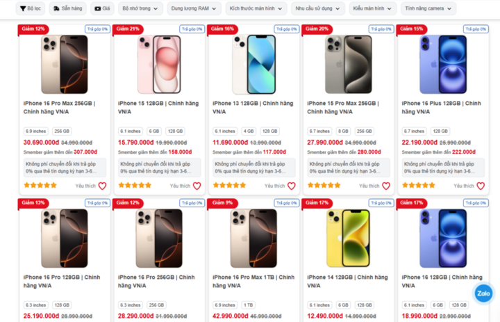 Mức giá iPhone được điều chỉnh giảm hàng loạt, mẫu iPhone thấp nhất đang có mức giá hơn 11 triệu đồng. (Ảnh chụp màn hình)