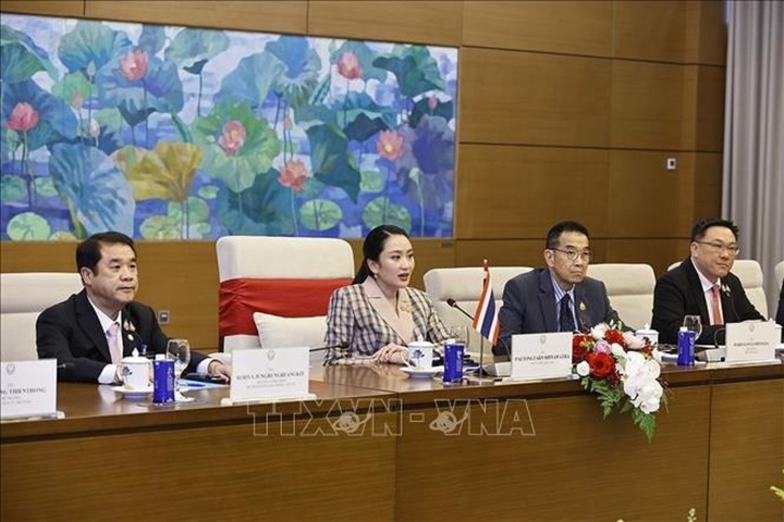 Thủ tướng Paetongtarn Shinawatra và đoàn Thái Lan tại cuộc hội kiến Chủ tịch Quốc hội Trần Thanh Mẫn. (Ảnh: Doãn Tấn/TTXVN)