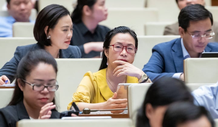 Các đại biểu thảo luận ở hội trường.
