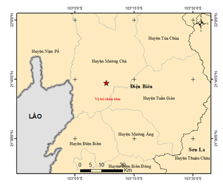 Vị trí xảy ra trận động đất ở Điện Biên chiều 16/5. (Ảnh: Viện Các khoa học Trái đất)