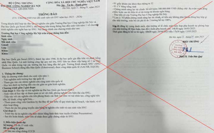 Thông báo giả mạo về chương trình du học. (Ảnh: NVCC)