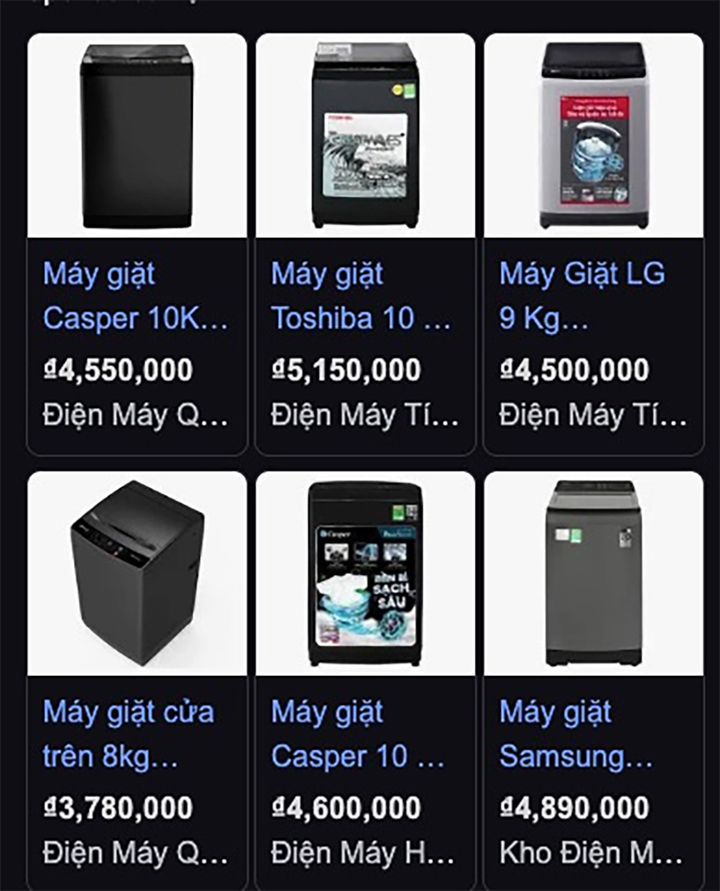Máy giặt cửa trên hàng mới đang được các cửa hàng bán với giá 3,5 - 5 triệu đồng. (Ảnh chụp màn hình).