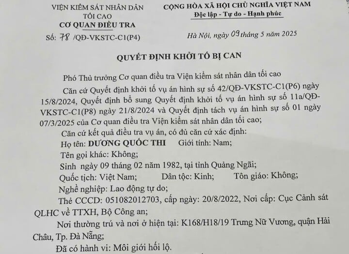 Quyết định khởi tố đối với Dương Quốc Thi.