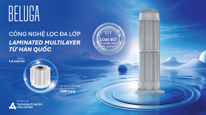 Lọc đầu nguồn Beluga sử dụng công nghệ lọc đa lớp Laminated Multilayer, loại bỏ hiệu quả cặn bẩn, vi khuẩn và các tạp chất.