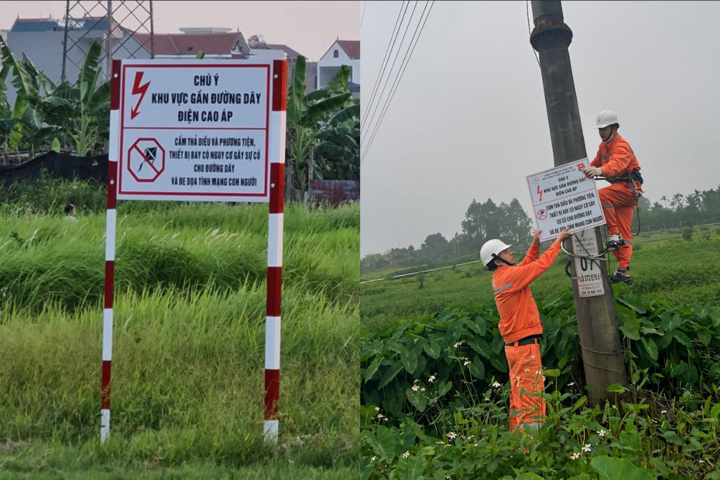 EVNHANOI lắp đặt hệ thống biển cảnh báo bảo vệ hành lang an toàn lưới điện.