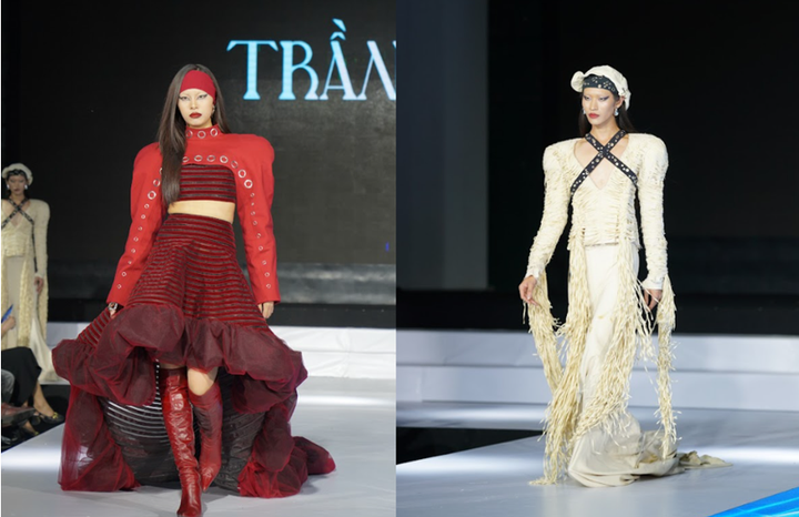 "Hope" của NTK Trần Kiều Chinh: Một thông điệp mạnh mẽ về nỗi đau và hy vọng. Hình ảnh dây bó siết cơ thể thể hiện nỗi đau đè nén, nhưng cũng mang thông điệp về niềm tin và hy vọng – sức mạnh giúp con người tái sinh giữa khổ đau.