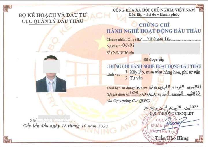 Chứng chỉ hành nghề của ông Vũ Ngọc Trụ.