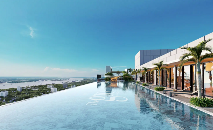 Phối cảnh hồ bơi Bình Minh vô cực tầng 40 The Gió Riverside.