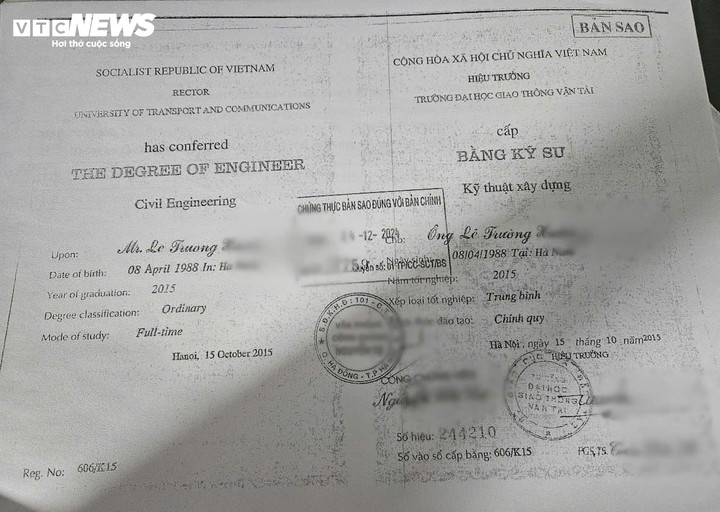 Tấm bằng kỹ sư ngành kỹ thuật xây dựng của ông Lê Trường X. được đưa vào hồ sơ đấu thầu gói thầu số 21 dự án đường Tố Hữu nối dài đi sân bay Phú Bài (TP Huế) được xác định là giả.