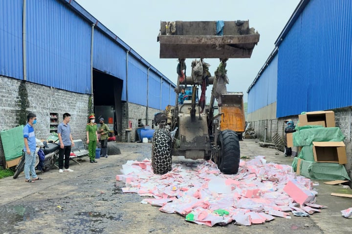 Lực lượng chức năng tiêu huỷ gần 2000 con gấu bông “Baby Three” chứa chất độc hại. (Ảnh: Công an tỉnh Quảng Ninh)