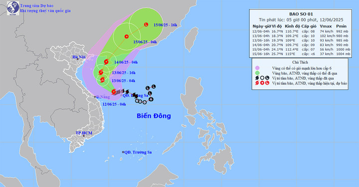 Dự báo đường đi và khu vực ảnh hưởng của bão số 1. (Nguồn: NCHMF)
