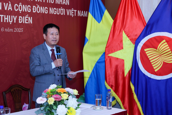 Đại sứ Việt Nam tại Thuỵ Điển Trần Văn Tuấn báo cáo. (Ảnh: VGP/Nhật Bắc)