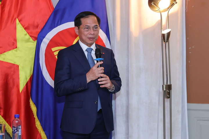 Phó Thủ tướng Bùi Thanh Sơn giải đáp các đề xuất, chia sẻ của cộng đồng người Việt Nam tại Thụy Điển. (Ảnh: VGP/Nhật Bắc)