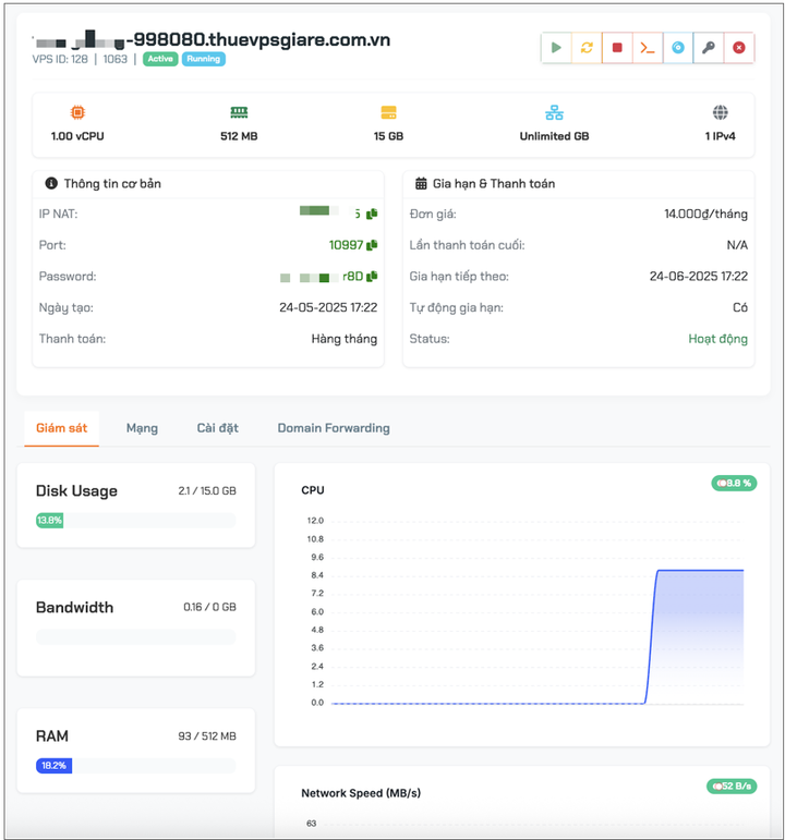Giao diện quản lý VPS hiện đại - reinstall OS, reboot, console chỉ với 1 click.