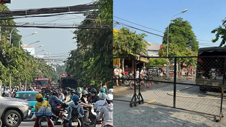 Lực lượng chức năng phong toả đoạn đường để phục vụ công tác dập lửa, giao thông ùn tắc cục bộ.