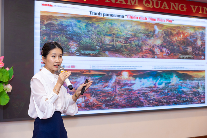 Nhà báo Thi Uyên chia sẻ về ấn phẩm Nhân Dân đặc biệt kỷ niệm 70 năm chiến thắng Điện Biên Phủ. (Ảnh: Minh Sơn)