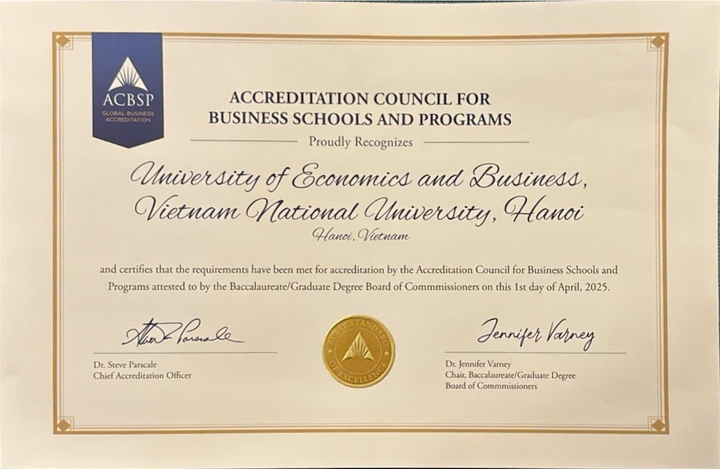 Giấy chứng nhận kiểm định ACBSP cho các chương trình đào tạo trình độ cử nhân của trường Đại học Kinh tế.