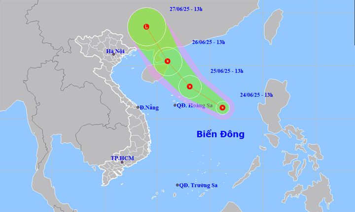 Dự báo đường đi, khu vực ảnh hưởng của áp thấp nhiệt đới. (Nguồn: NCHMF)