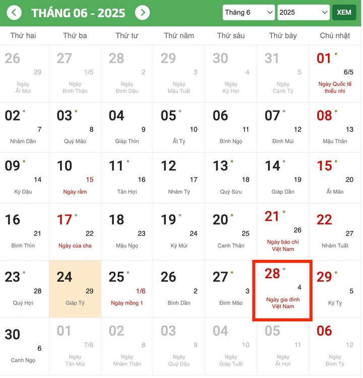 Ngày Gia đình Việt Nam 2025 rơi vào thứ Bảy. (Ảnh chụp màn hình)