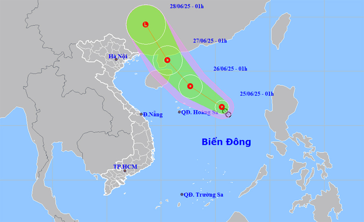 Bản đồ dự báo quỹ đạo và cường độ áp thấp nhiệt đới lúc 2h ngày 25/6. (Nguồn: NCHMF)