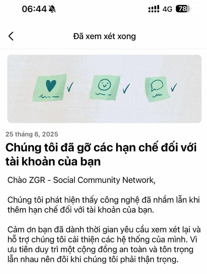 Thông báo quản trị viên nhận được sau khi group được khôi phục. (Ảnh: NVCC)