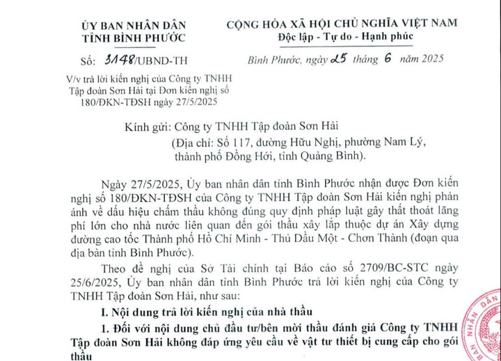 Văn bản phản hồi của UBND tỉnh Bình Phước.