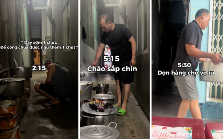 Ông Tài dậy sớm nhóm lò, nấu cháo cho vợ. (Ảnh cắt từ clip)