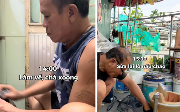 Chiều đi làm về ông vẫn chà xoong, sửa bếp. (Ảnh cắt từ clip)