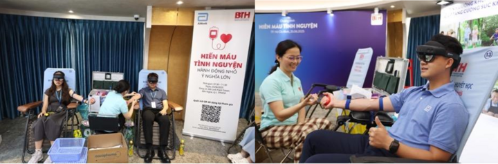 Công nghệ thực tế ảo tích hợp giúp người hiến máu thư giãn, giảm căng thẳng. (Ảnh: Lê Toàn)